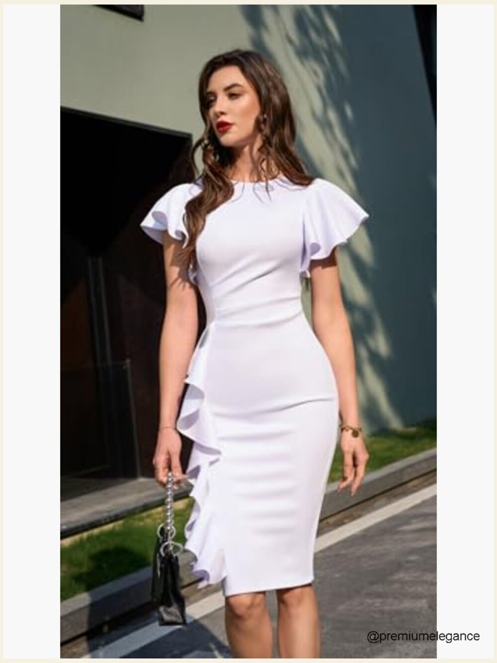 Vintage Church Ruffle Sleeve Ruched Bodycon Work Midi Pencil Dress - Picture 6 of 7